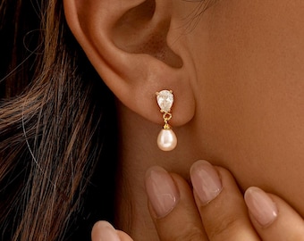 Pendants d'oreilles en perles d'eau douce, Puces d'oreilles en perles avec diamant, Boucles d'oreilles en perles, Boucles d'oreilles de mariée, Cadeaux de mariage, Cadeaux de demoiselle d'honneur pour elle