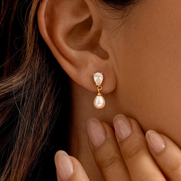 Freshwater Pearl Drop Earrings, Pearl Stud Earrings with Diamond, Pearl Earrings, Bridal Earrings, Wedding Gifts, Bridesmaid Gifts for Her