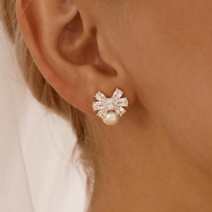 Real Freshwater Pearl Earrings, Pearl Bow Stud Earrings with Diamond, Wedding Jewelry,Bridesmaid Gift,Birthday Gift,Anniversary Gift for Her