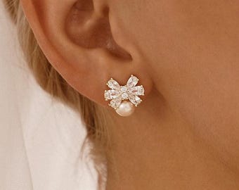 Pendientes de perlas de agua dulce auténticas, pendientes de perla con lazo y diamante, joyería de boda, regalo de dama de honor, regalo de cumpleaños, regalo de aniversario para ella.