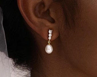 Pendientes de perlas de agua dulce auténticas, pendientes colgantes de perlas con diamantes, pendientes de novia, regalo de boda, regalo de aniversario, regalos para damas de honor
