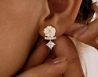 Brincos de diamante com zircônia cúbica e flor, brincos de diamante com flores minimalistas, joias de casamento, presentes de aniversário, presentes de Natal, presentes de aniversário