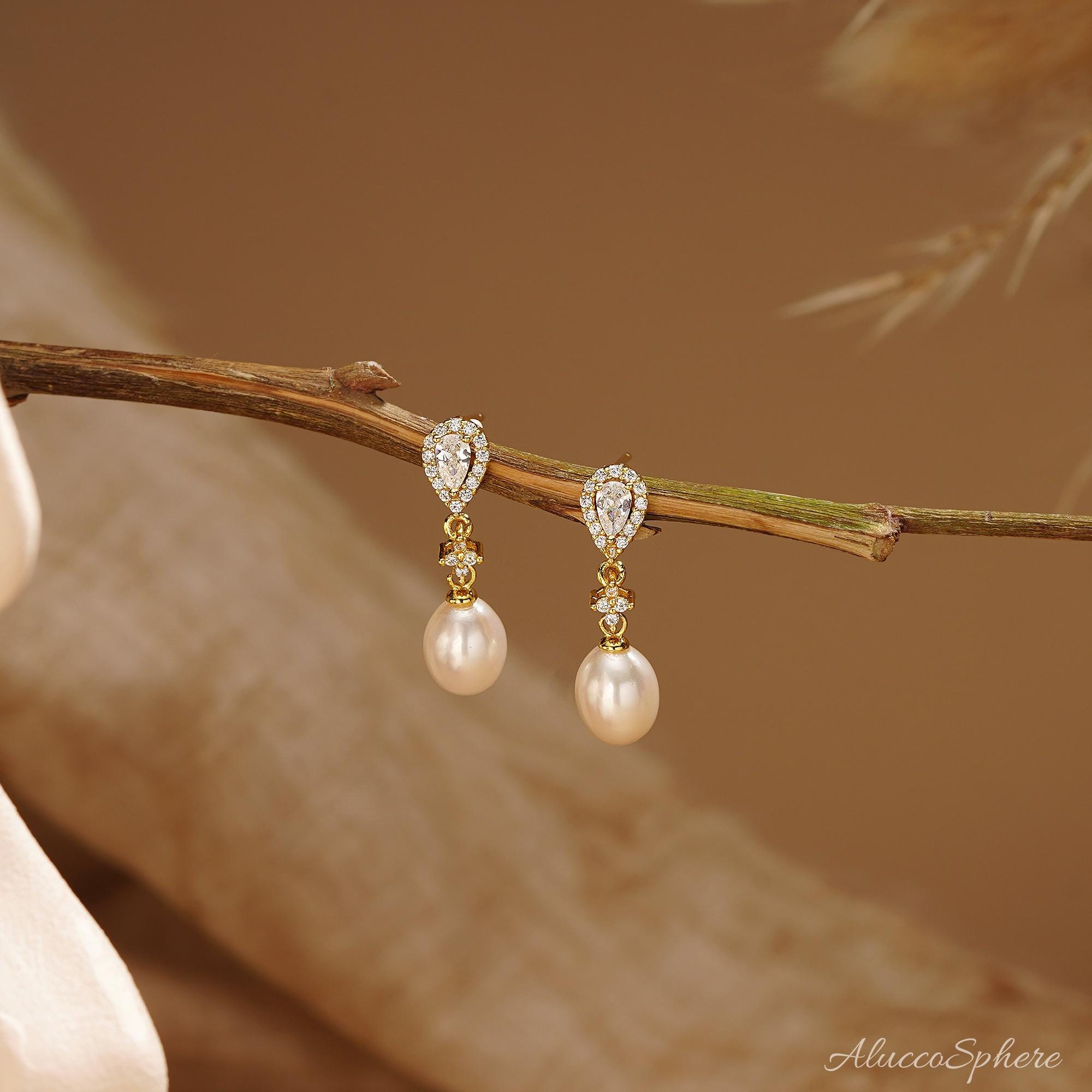 Natural Freshwater Pearl Stud Earrings, Flower Pearl Drop Earrings, Pearl Diamond Earrings, Wedding Earrings for Brides, Mom Gifts for Her