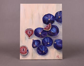 May include: A painting of a still life featuring a cluster of figs. The figs are arranged on a light background and are painted in shades of purple and red.
