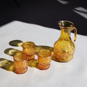 Vintage Amber Glass Carafe & Tumblers Set | Mid-Century Modern Drinkware | Czech Bohemian Glassware