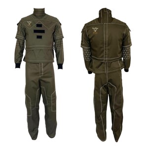 May include: Two-piece olive green tactical suit with white stitching and black cuffs. The jacket has a high collar, patches, and the text "Stellar Props". The pants have reinforced knee panels. The suit is displayed from the front and back.