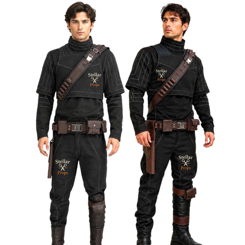 Puede incluir: Dos trajes negros con detalles marrones. Cada atuendo incluye una parte superior de cuello alto, pantalones, un cintur&oacute;n con bolsillos y una correa para el hombro. Los trajes tienen el texto "Stellar Props".