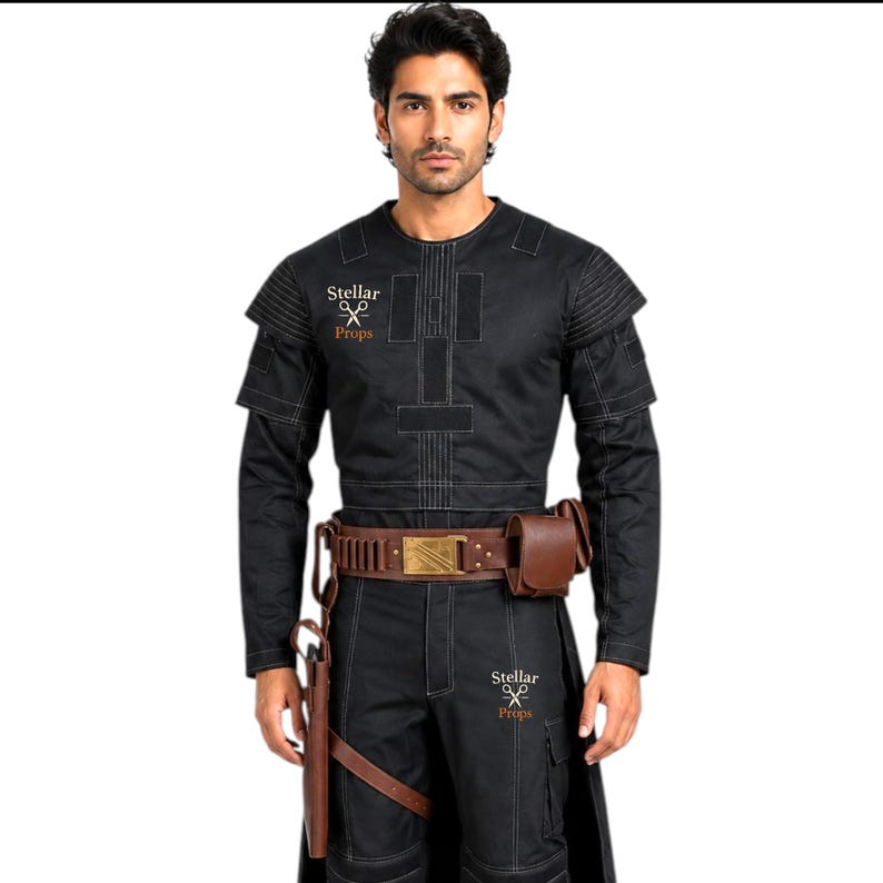 May include: Black costume with a brown belt, holster, and pouch. The outfit features a long-sleeved top with shoulder accents and a matching pair of pants. The text "Stellar Props" is visible on the top and pants.
