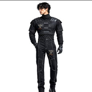 May include: Black tactical jumpsuit with white stitching, featuring a high collar, shoulder padding, and a belt. The outfit includes gloves and is branded with "Stellar Props" in orange. This costume is suitable for cosplay or themed events.