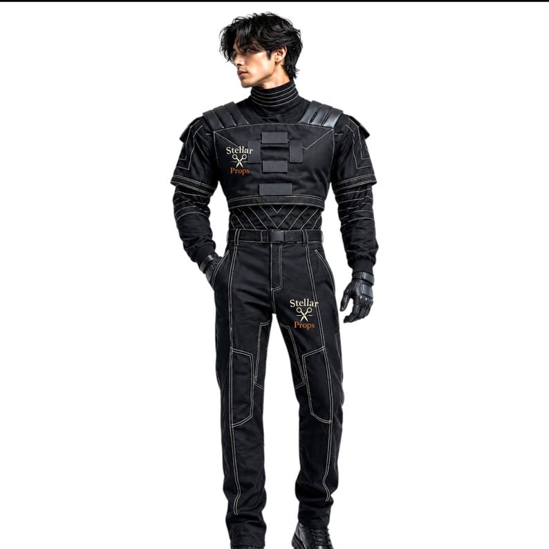 May include: Black tactical jumpsuit with white stitching, featuring a high collar, shoulder padding, and a belt. The outfit includes gloves and is branded with "Stellar Props" in orange. This costume is suitable for cosplay or themed events.