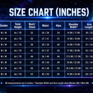 May include: A size chart table with a dark blue and purple nebula background. The text reads SIZE CHART (INCHES) and lists measurements for sizes XS through 4XL, including columns for Total Height, Bust/Chest, Waist, Hips, Shoulder Width, Arm Length, and Inseam.
