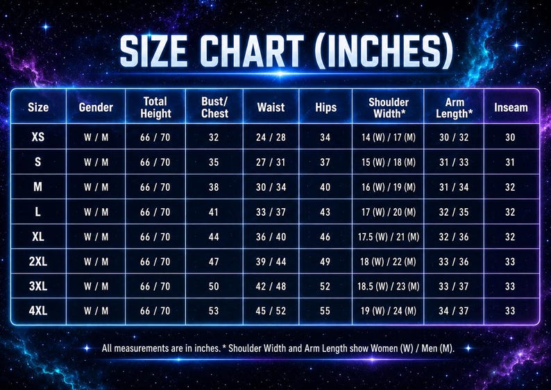 May include: A size chart table with a dark blue and purple nebula background. The text reads SIZE CHART (INCHES) and lists measurements for sizes XS through 4XL, including columns for Total Height, Bust/Chest, Waist, Hips, Shoulder Width, Arm Length, and Inseam.