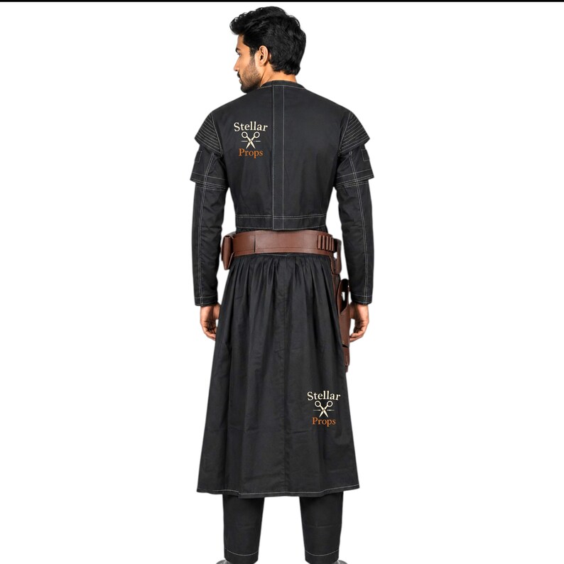 May include: Black costume with a long coat, pants, and a brown belt with pouches. The costume has a high collar and shoulder accents. The text "Stellar Props" is visible on the back of the coat.