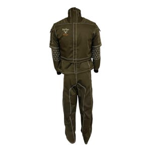 May include: Olive green protective suit with white stitching. The suit includes a jacket with a high collar and pants. The jacket has the text "Stellar Props" in orange. The suit is designed for protection.
