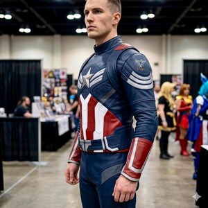 Puede incluir: Una chaqueta de estilo cuero en azul, rojo y blanco con un emblema de estrella plateada en el pecho, detalles plateados en los hombros y un cintur&oacute;n. El hombro izquierdo muestra el texto Stellar Props con un icono de tijeras. Manga larga.