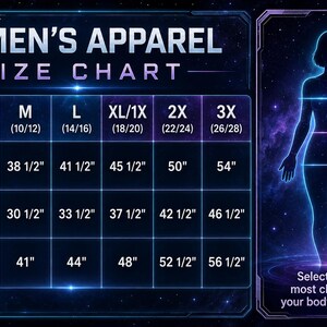 May include: A size chart for apparel featuring a dark blue space-themed background with purple nebula accents. The chart displays bust, waist, and hip measurements in inches for sizes S through 3X, alongside a glowing silhouette diagram.
