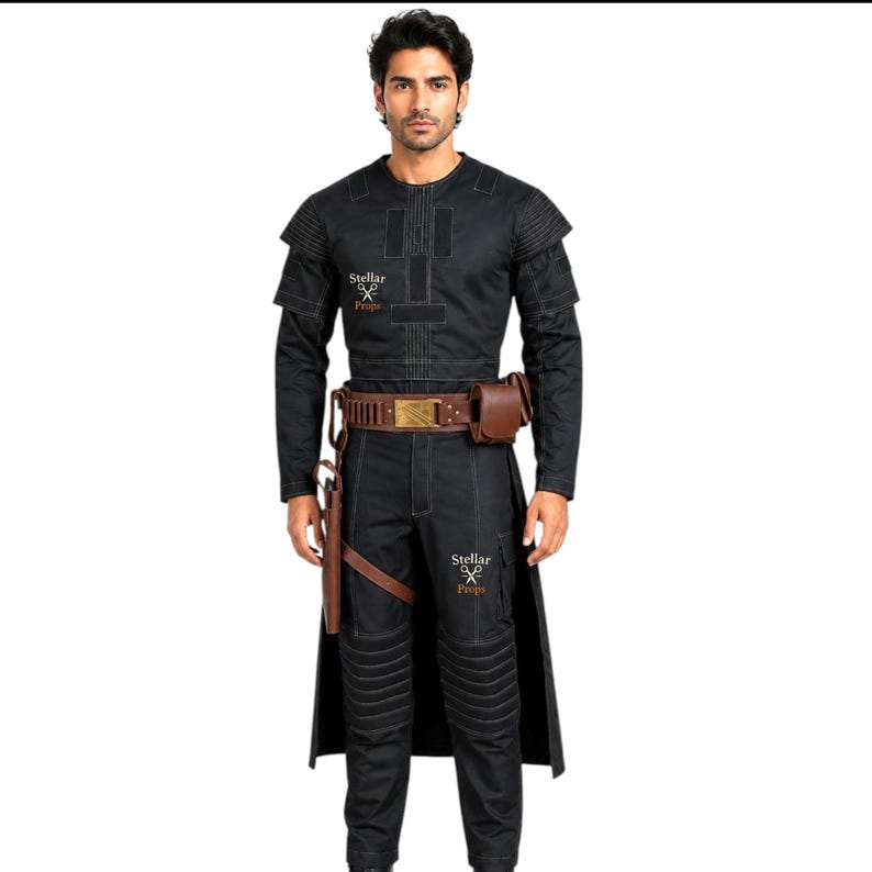 May include: Black costume with white stitching, featuring a long-sleeved top, pants, and a long coat. The costume includes a brown belt with a gold buckle, a holster, and a pouch. The text "Stellar Props" is visible on the costume.