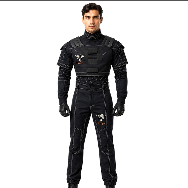 May include: Black jumpsuit with white stitching, a high collar, and padded shoulders. The outfit includes gloves and the text "Stellar Props" on the chest and leg. This costume is suitable for cosplay or theatrical productions.