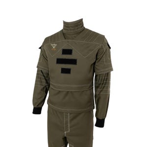 May include: Olive green protective suit with white stitching and black accents. The suit features a high collar, long sleeves, and a two-piece design. The text "Stellar Props" is visible on the upper left chest area.