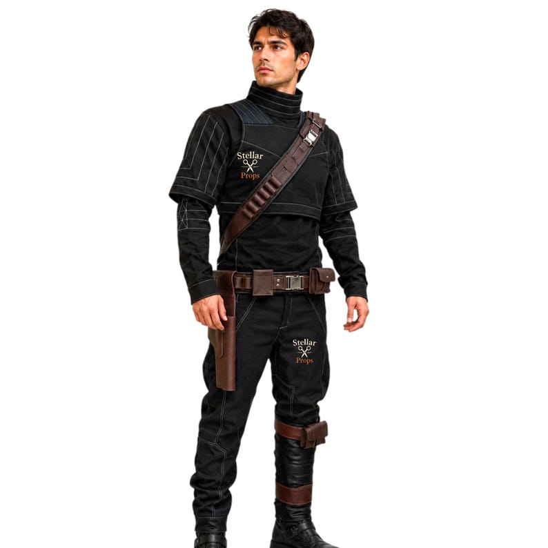 May include: Black costume with brown leather accents. The outfit includes a high-collared top, pants, and a belt with a holster. The text "Stellar Props" is visible on the outfit. The costume has a futuristic or sci-fi theme.