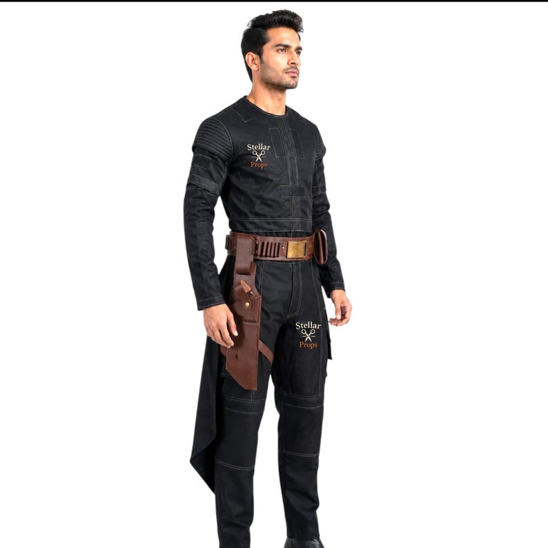 May include: Black costume with a long-sleeved top, pants, and a brown belt with a holster. The costume has stitching details and the text "Stellar Props" is visible. The outfit is designed for cosplay or costume events.