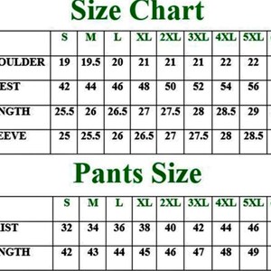 Może przedstawiać: Tabela rozmiar&oacute;w z zielonymi nagł&oacute;wkami tekstowymi oznaczonymi jako Size Chart i Pants Size. Tabela zawiera wymiary ramion, klatki piersiowej, długości i rękaw&oacute;w dla rozmiar&oacute;w od S do 6XL oraz wymiary talii i długości spodni od rozmiaru S do 6XL.