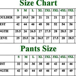 May include: A size chart for suits and pants, with measurements in inches. The chart includes shoulder, chest, length, and sleeve measurements for suit sizes S to 6XL. Pants sizes include waist and length.