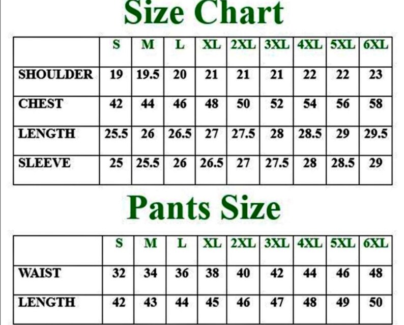 May include: A size chart for suits and pants, with measurements in inches. The chart includes shoulder, chest, length, and sleeve measurements for suit sizes S to 6XL. Pants sizes include waist and length.