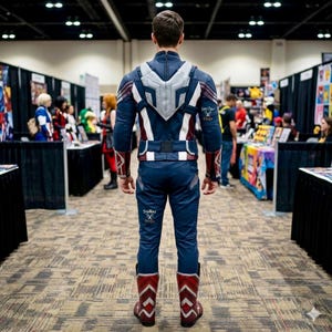 Puede incluir: Un traje t&aacute;ctico azul, blanco y rojo con una placa trasera estructurada, mangas largas y botas a juego. El traje muestra el texto Stellar Props en la manga izquierda y en la pierna derecha del pantal&oacute;n, con una cremallera en la espalda.
