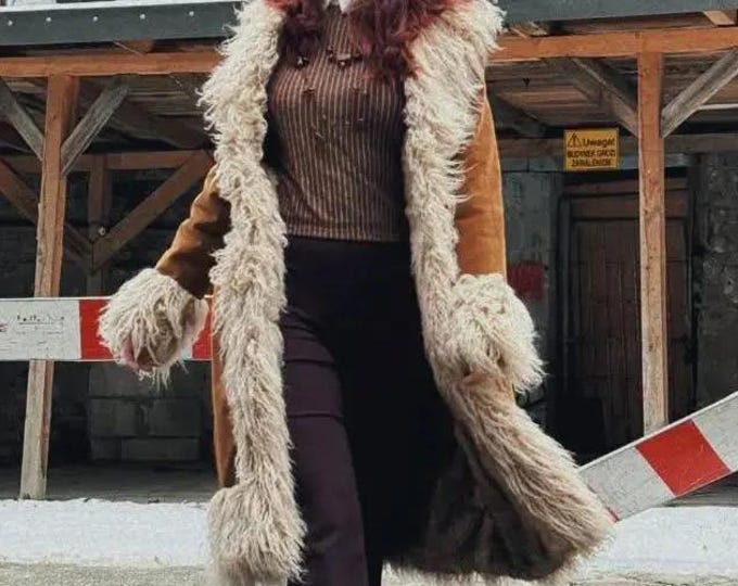 Featured listing image: Women’s Brown Penny Lane Coat – Vintage Afghan Shearling Jacket with Mongolian Fur Trim, Boho Y2K Winter Coat Gift for Her