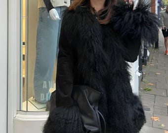 Y2K Black Fur COAT Vintage 2000's Fur Jacket Satin Belt Long