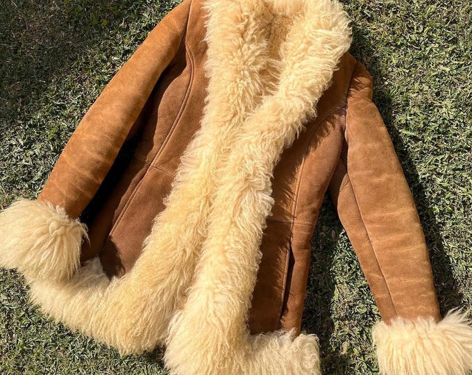 Featured listing image: Vintage 70s Style Brown Shearling Coat for Women Winter Ready Handmade Suede Afghan Penny Lane Overcoat Cozy Boho Winter Gift For Her
