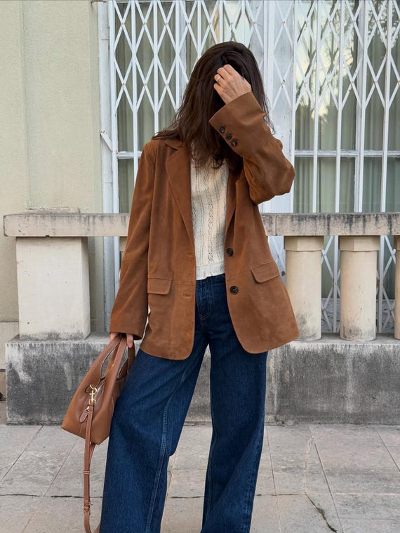 Women’s Leather Blazer – 90s Brown Suede Coat, Vintage Minimalist Boho Jacket, Boxy Fit Chic Outerwear, Handmade Gift for Her