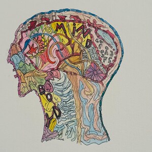 Obra de arte original única, pintada à mão e assinada. Montado em quadro de arte A3. Da minha coleção 'Mind-Body Connection' da primavera de 2025