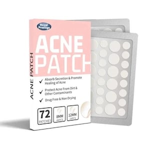 Peut inclure: Une boîte rose et blanche avec le texte "ACNE PATCH" en grandes lettres audacieuses. La boîte contient 72 patchs anti-acné en deux tailles : 8 mm (48 patchs) et 12 mm (24 patchs). La boîte comprend également une description des avantages du produit, notamment l’absorption des sécrétions, la promotion de la cicatrisation, la protection contre la saleté et le fait d’être sans médicament et non desséchant.