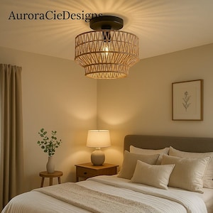Lampada da soffitto in rattan fatta a mano – Lampada da soffitto in bambù a filo per accogliente soggiorno, camera da letto, corridoio – Lampada naturale Boho