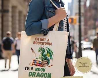 Bookdragon Büchertasche | Tasche Bücherwurm | Geschenk für Buchliebhaberinnen Leseratten & Buchfans | Jutebeutel Weihnachtsgeschenk Bücher