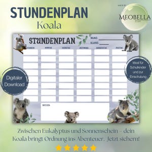 Modèle d&#39;emploi du temps à imprimer, format A4 Koala pour les enfants de l&#39;école primaire | Cadeau de rentrée scolaire pour garçons et filles