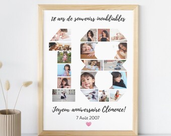 Affiche photo collage anniversaire 18 ans personnalisable - Cadeau anniversaire 18 ans Poster anniversaire 18 ans personnalisé photos