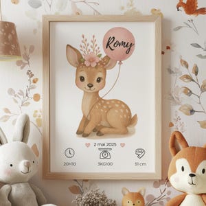 Affiche liste de naissance personnalisée fille – Biche & ballon – Cadeau bébé fille
