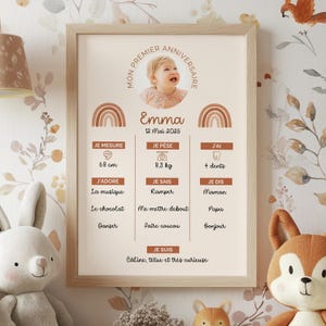 Affiche 1er anniversaire personnalisée – arc-en-ciel rose terracotta - poster anniversaire 1 an avec photo