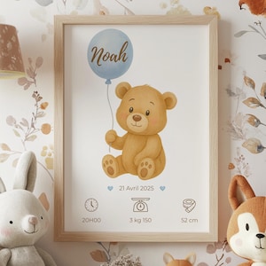 Affiche naissance garçon personnalisée – Ourson et ballon – Prénom bébé