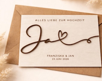 Hochzeitskarte mit Namen des Paares und Hochzeitsdatum I aus Holz | individuelles Geschenk zur Hochzeit  | Glückwünschkarte personalisiert I