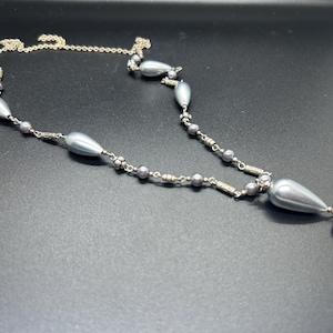 Vintage Silver Chain Necklace with Gray Pearls and Silver Beads