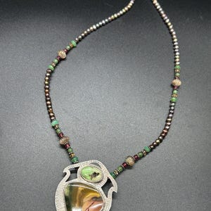 Glass Beaded Necklace with Sterling Silver and Stone Pendant