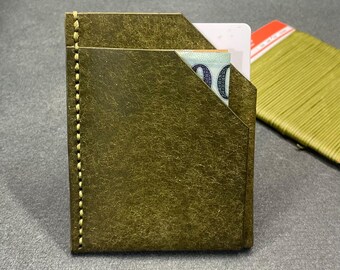 Olive leather slim cardholder, front pocket minimalist wallet, made with vegetable full grain Italian leather