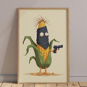 Puede incluir: Una ilustración de dibujos animados de una mazorca de maíz con un pasamontañas negro y sosteniendo una pistola. La mazorca de maíz tiene una cáscara verde y granos amarillos. El fondo es de color beige claro.