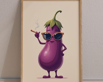 Quirky Eggplant Art Print – Digital Elegant Eggplant Character Poster, Playful Kitchen & Office Wall Decor | Fun Food Illustration