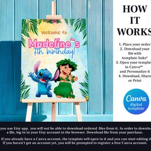 Puede incluir: Un colorido letrero de cumplea&ntilde;os con los personajes Stitch y Lilo de la pel&iacute;cula Lilo & Stitch. El letrero dice "&iexcl;Bienvenida al 7&ordm; cumplea&ntilde;os de Madeline!" e incluye instrucciones para una plantilla digital de Canva.