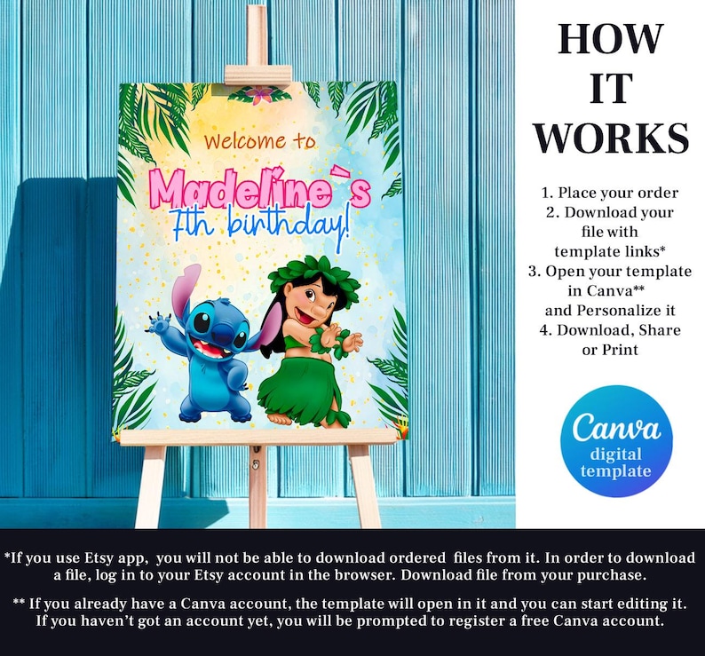 Puede incluir: Un colorido letrero de cumplea&ntilde;os con los personajes Stitch y Lilo de la pel&iacute;cula Lilo & Stitch. El letrero dice "&iexcl;Bienvenida al 7&ordm; cumplea&ntilde;os de Madeline!" e incluye instrucciones para una plantilla digital de Canva.